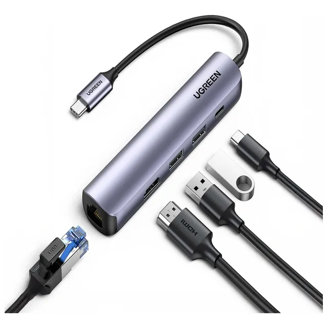 Hub Ugreen 5en1 Usb-c Multipuerto 5gbps Pd-100w 4k Rj Pc Mac