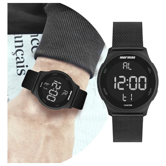 Relógio Masculino E Feminino Digital De Pulso Com Pulseira De Aço Inoxidável À Prova D' Água Preto Redondo Casual Luxo Elegante C/ Cronômetro, Alarme, Calendário E Iluminação Noturna Mormaii Mo7700/8p