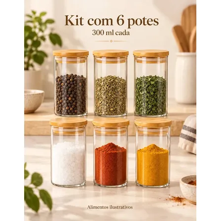 Kit 6 Pote Tampa De Bambu 300ml Hermético Vidro Borossilicato Porta Temperos Mantimentos Alimentos Redondo Cor Transparente Bravli