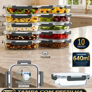 Cullinare Kit 10 Marmitas Vidro Hermético Fitness Freezer Microondas Cinza-escuro