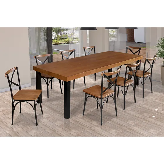 Mesa Jantar Industrial 2m Arlete Madeira C/ 8 Cadeiras Paris Cor Estrutura Preta / Assento e Encosto Castanhos Desenho do tecido das cadeiras Sem Tecido