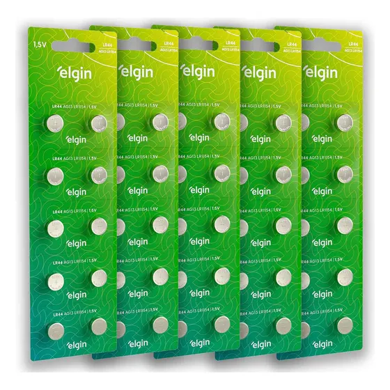 50 pilhas baterias LR44 Elgin A76 Ag13 alcalina 5 cartelas	