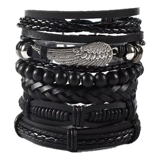 Pulsera Hombre Cuero Genuino Set 6 En 1 Negro Ala Pluma Pulsera Hombre Cuero Genuino Set 6 En 1 Negro Ala Pluma