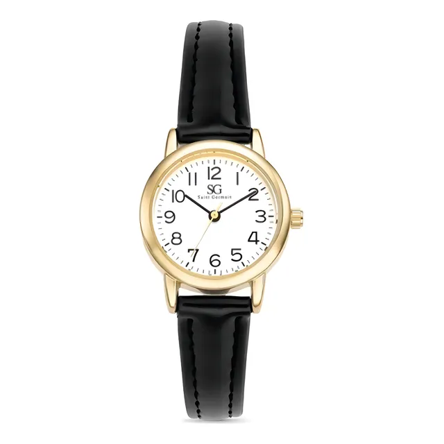 Relógio Feminino Dourado Saint Germain 24mm Correia Preta Caixa Dourada Fundo Branco Elegante Clássico Delicado
