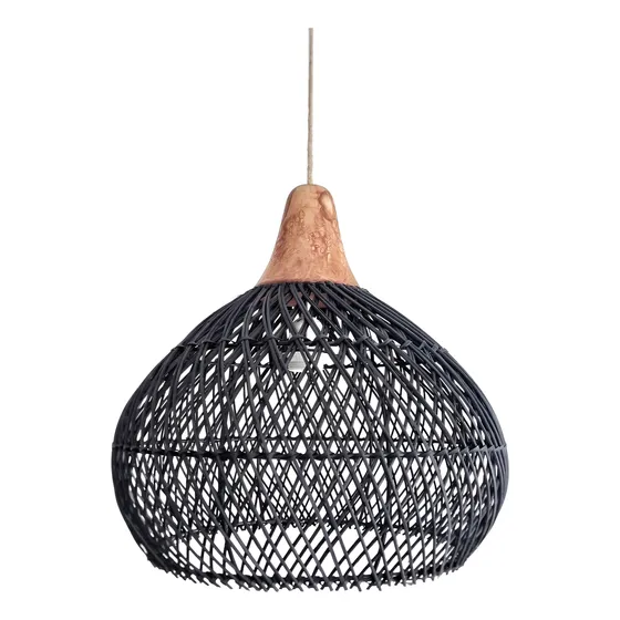 Lampara Colgante Rattan Negro Con Madera 40cm Bohemia