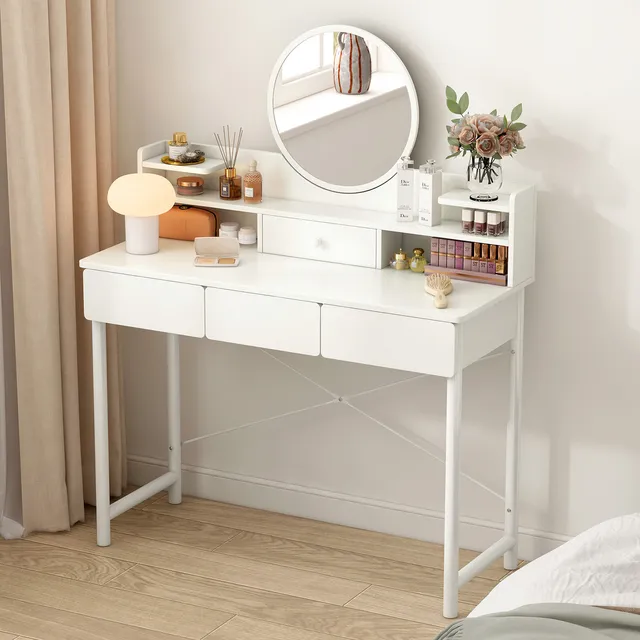 Lazydot Tocador Con Espejo, Vanity Tocador Mueble Maquillaje Con Espejo De Luz Ledmdf De 15 Mm Con 3 Cajones De Tocador Para Recamara, Tocador Para Niña, Recamara, Muebles Para Recamara