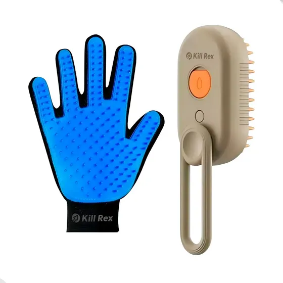 Kit Escova A Vapor Pet + Luva Rasqueadeira Tira Pelos Cachorro Cães Gato Removedor De Subpelo Escova