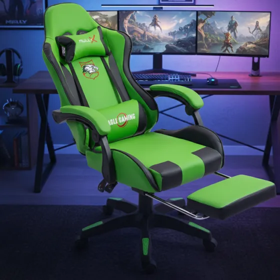 Cadeira Escritório Gamer Com Apoio Para Os Pés Ergonômica Reclinável Cor Verde Com Estofado De Couro Sintético Marca Mulltx