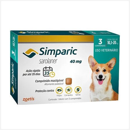 Simparic 40mg Para Cães 10,1 A 20kg - Kit Com 3 Comprimidos Simparic 40mg Para Cães 10,1 A 20kg - Kit Com 3 Comprimidos