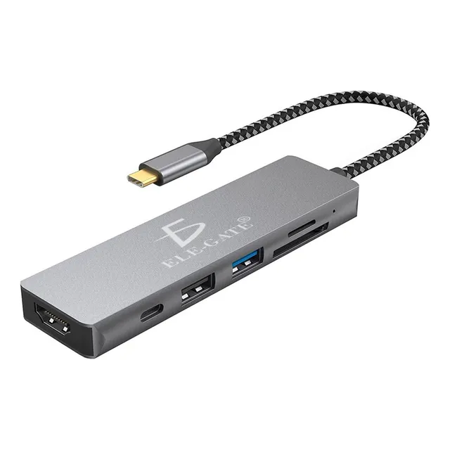 Hub Adaptador 6 En 1 Con Salida Tipo C Usb 3.0 5gbs 4k Sd Tf Color Plateado Ele-Gate WI.163