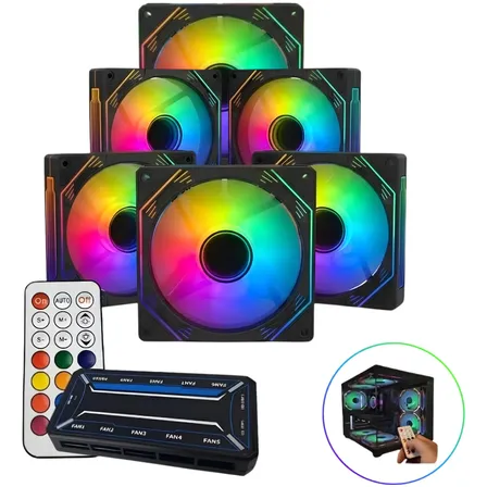 Kit 6 Fans Coolers Argb Rgb 120mm Preto Com Controladora