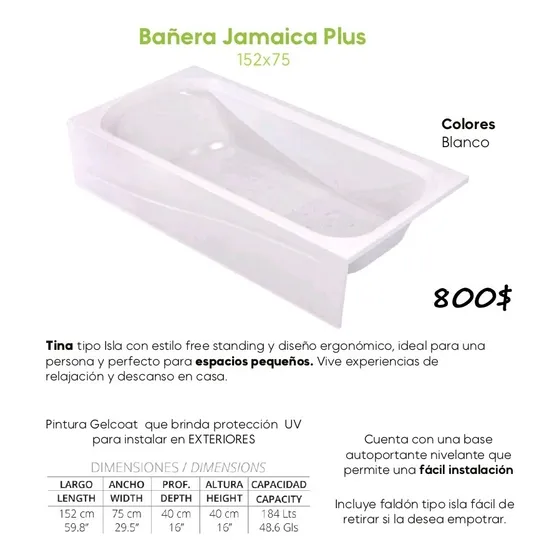 Bañera Jamaica Plus 152*75 Blanca Con Faldon Fibra Vidrio