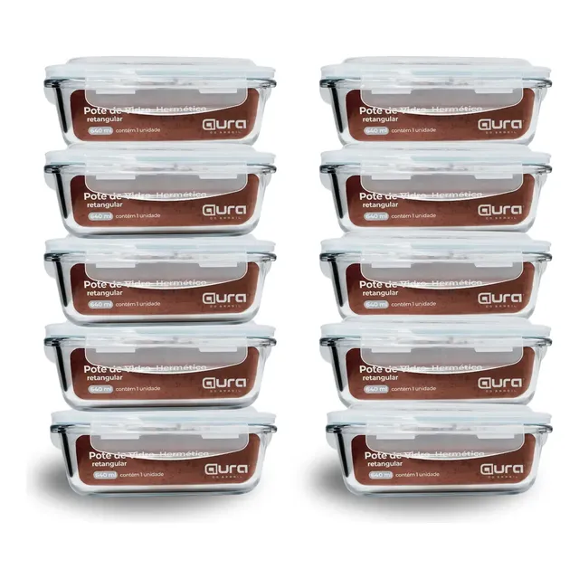 Conjunto 10 Potes 640ml Vidro Hermético 4 Travas Marmita Aura Do Brasil