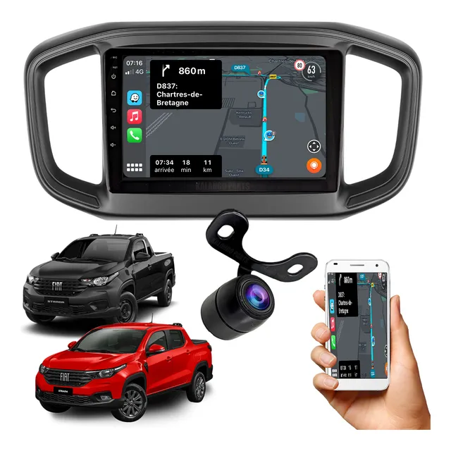 Kit Multimídia 9 Polegadas + Camera Ré Fiat Strada 2020/2023