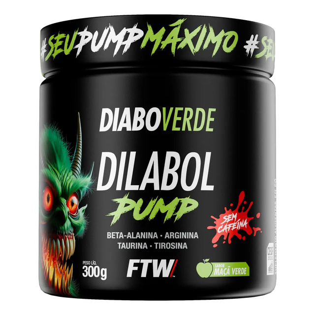 Pré Treino Dilabol Pump Diabo Verde Sem Cafeína Pote 300g Sabor Maça Verde - Ftw Pré Treino Dilabol Pump Diabo Verde Sem Cafeína Pote 300g Sabor Maça Verde - Ftw