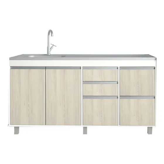 Mueble Bajo Mesada Cocina 160 Cm 2 Ptas 5 Caj. - Sin Bacha Color Pino Cascina Con Perfiles Color Aluminio