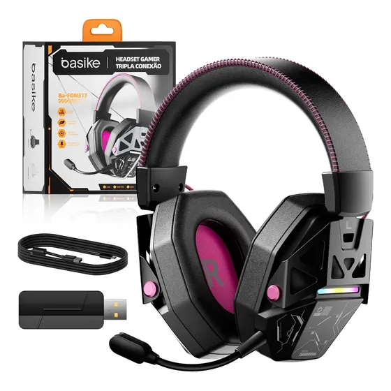 Headset Gamer Sim Fio, Triplo Modo(com Cabo 1,9m+usb2.4g+bt5.4), Fone Gamer Com Microfone Desmontável, Com Microfone Flexível Enc, Rgb, Pc Gamer Acessorios, Reunião, Profissional, Ba-FON317, Cor Preto