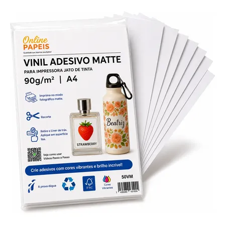 50 Adesivos Vinil Branco Matte Fosco Jato De Tinta A4 Branco