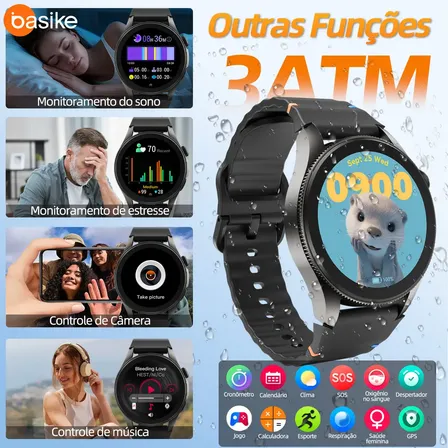 Basike 1.43'' Ia Relógio Smartwatch Redondo Masculino E Feminino Com Gps, Chatgpt,assistente De Voz, Chamadas Bluetooth, Mercado De Ações,rfc,resistência À Água 3atm, 100 + Modos De Esporte Etc.