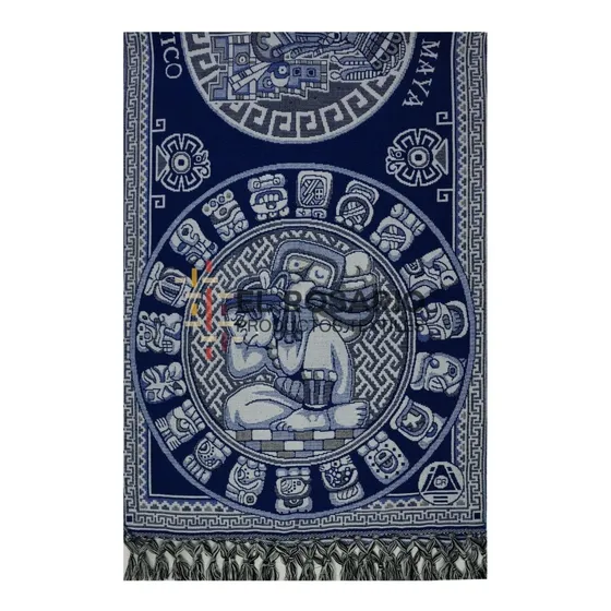 Rebozo Artesanal Mexicano - Calendario Maya Color Rey Blanco