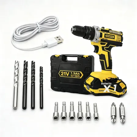 Parafusadeira Furadeira 21v Bomvink Bateria Maleta Kitacesso Amarelo 127/220v