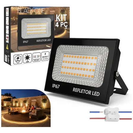 Kit 4 Refletores Led 200w Ip67 Bivolt Preto Branco Quente 3500k Externo 127/220v