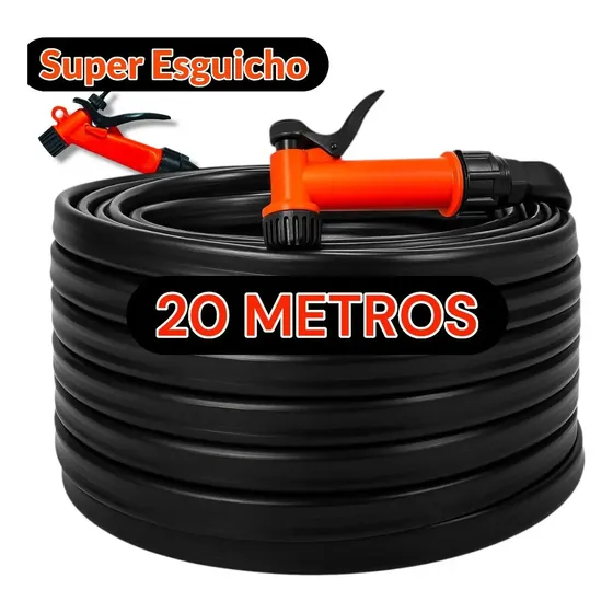 Mangueira De Jardim 20 Metros Reforçada Flexível 7/16 + Esguicho Pistola + Conector De Torneira Cor Preta