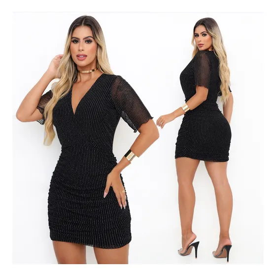 Vestido Feminino Preto Brilho Curto Com Forro Acinturado