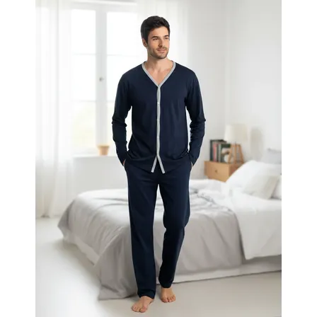 Pijama Mash ALG. Ml C/ Botão + Calça Elástico Embutido Azul-marinho Liso G