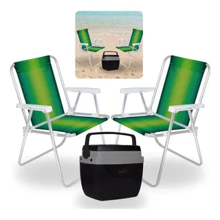 Kit 2 Cadeiras De Praia Aluminio + Caixa Termica 18l Mor Kit 2 Cadeiras De Praia Aluminio + Caixa Termica 18l Mor