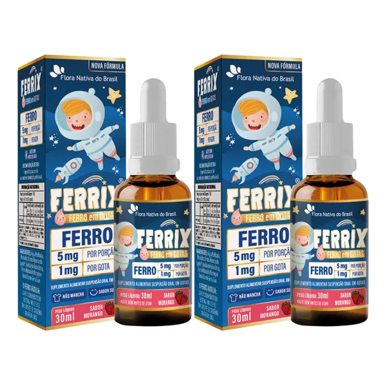 Kit 2x Ferrix Ferro Infantil 30ml Flora Nativa Sabor:morango