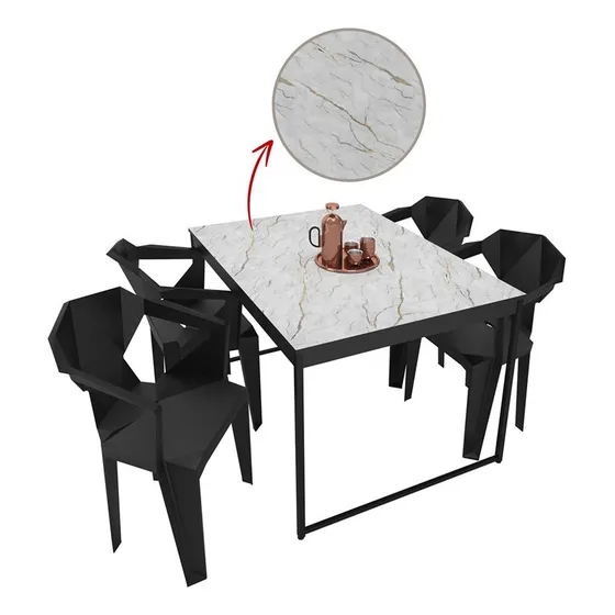 Jogo De Mesa De Jantar Mármore Branco 120x90cm Com 4 Cadeiras Pretas Geométricas Estilo Industrial