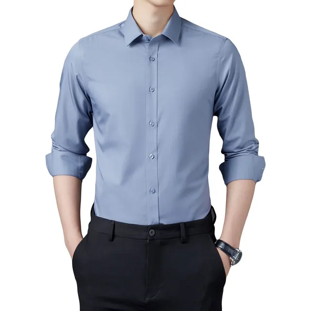 Camisa Manga Larga Boton Para Hombre Lisa Ligera Ajustada