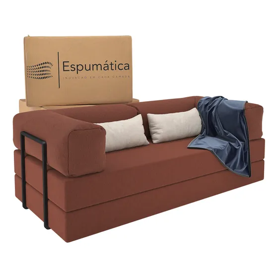 Puff Sofá Na Caixa 2 Em 1 Que Vira Cama Casal Pufe Moderno Cor Terracota Design Industrial