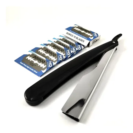 Navaja Afeitar Profesional + 10 Hojillas Dorco Porta Navaja Negro / Plateado Y Cuchillas Premium