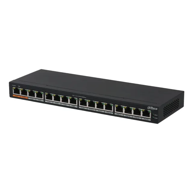 Dahua Switch Poe PFS3016-16GT-190 Gigabit de 16 Puertos PoE 190 Watts Totales Los 2 Puertos Naranjas Soportan Hi-PoE Estándar Tasa de Reenvío de paquetes 23.808 Mbps Protección Contra Descargas Negro