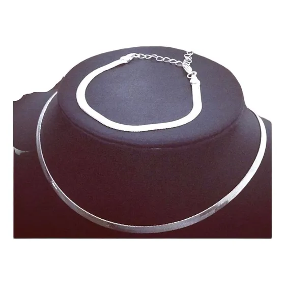 Kit Corrente E Pulseira Laminada Choker Folheado Prata 925