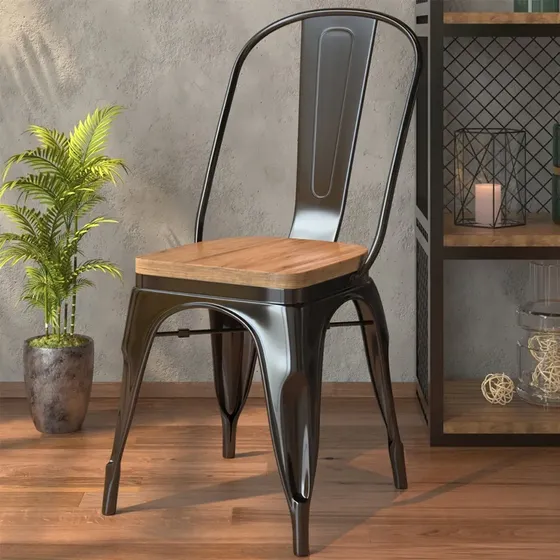 Set x4 Sillas Tolix Shopick Metálicas Vintage Asiento Madera Negro Industrial | Cuotas sin interés