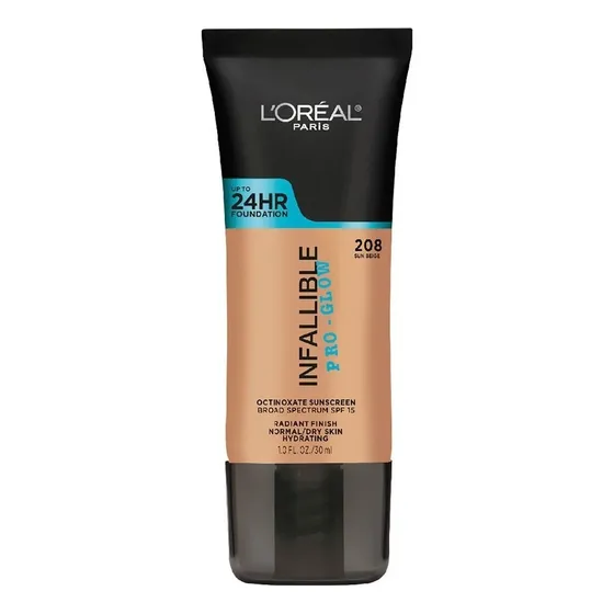 Base de Maquillaje Líquida L'Oréal Paris Infallibe Pro - Glow 24h, 30ml, Tone 208 Sun Beige