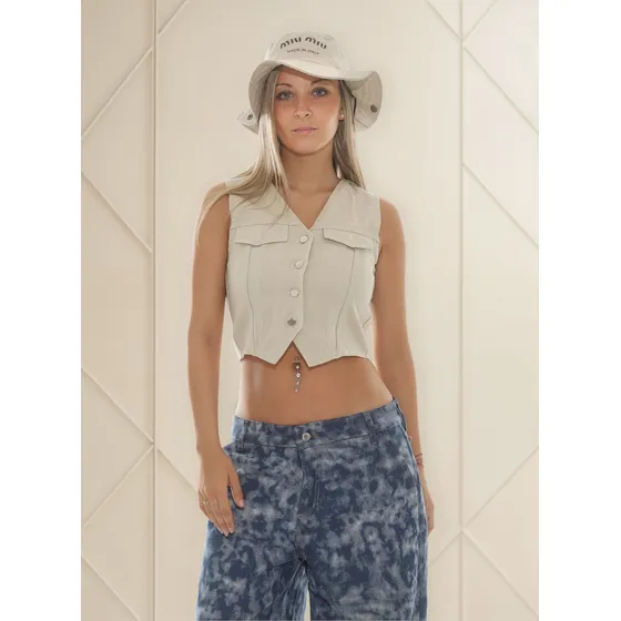 Chaleco De Gabardina Celeste Mujer