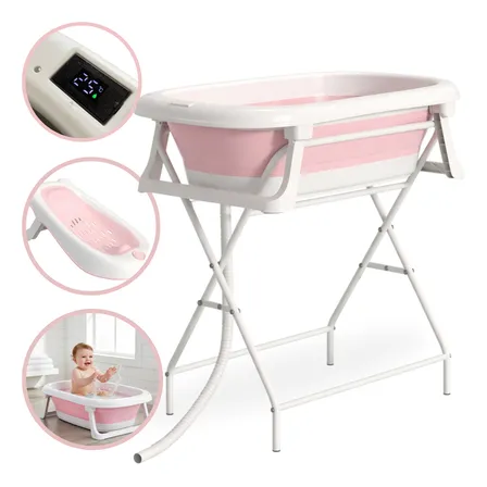 Banheiras Dobrável Infantil C/ Termômetro Digital 0-36 Meses Rosa Lisa Com Suporte