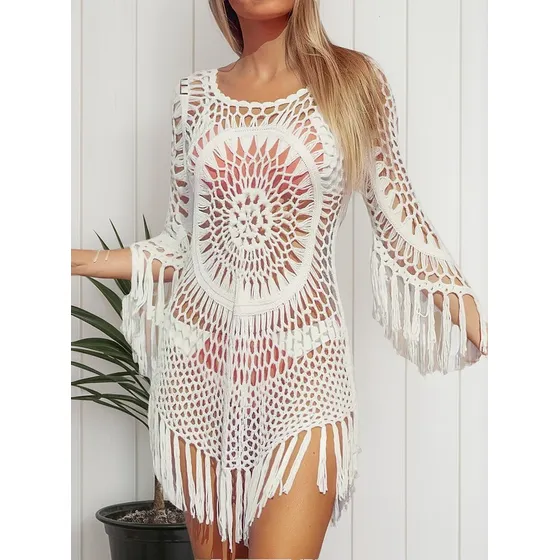 Vestido Playero De Crochet Con Flecos Para Mujer