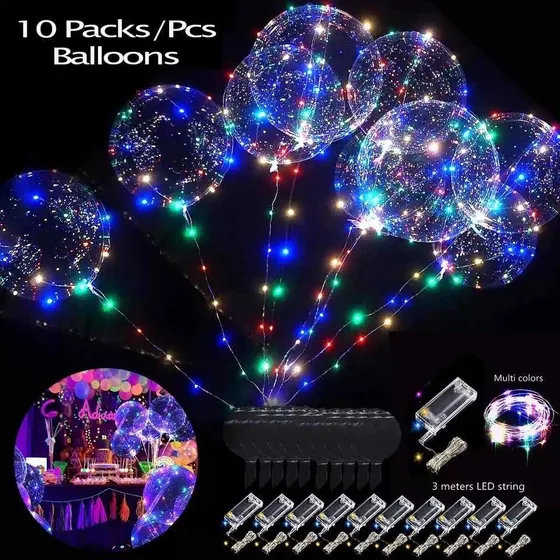 10 Globos Burbuja Cristal Con Luz Led Luminoso + Pilas