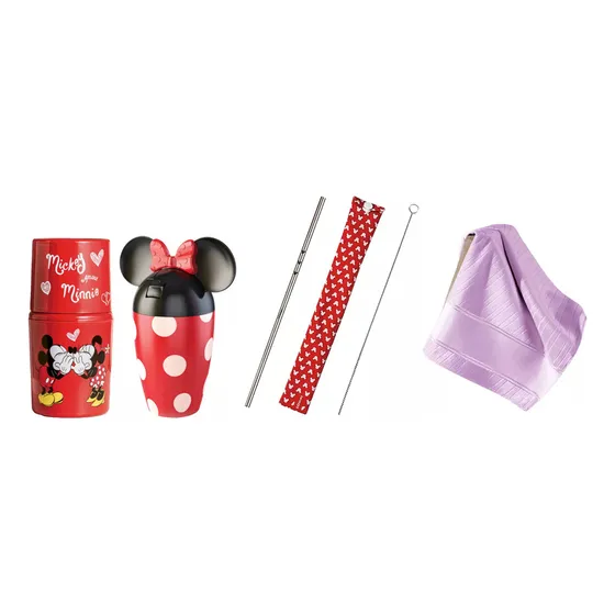 Avon Disney Mickey & Minnie Mouse Moringa + Garrafa Orelha + Canudo Inox + Escova De Limpeza + Case Mickey + Toalha Lavabo Döhler