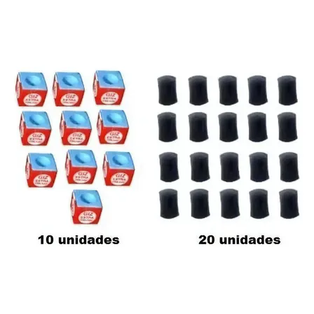20 Virolas Ponteiras + 10 Giz Azul 7bello Taco Bilhar Sinuca
