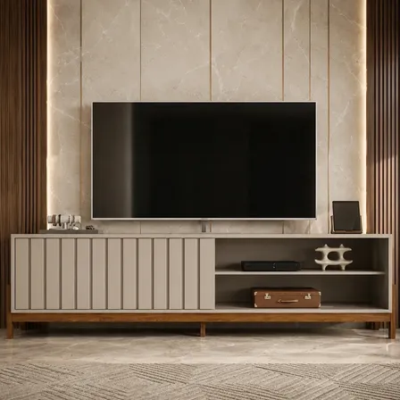 Rack Bancada Para Tv Até 75 Aurora 1.8 Mobler 1 Porta Com Pés Design Sala Moderna Cor Grigio Fosco/cinamomo Mel