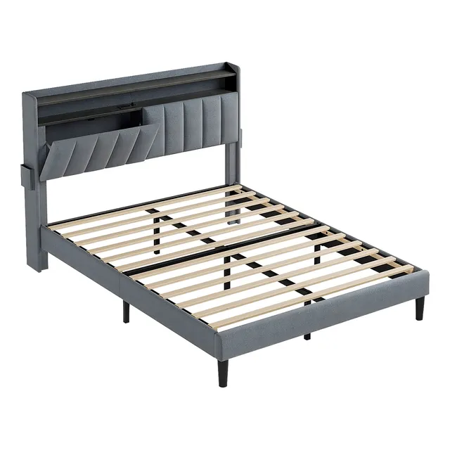 Base De Cama Matrimonial Fabato Cabecera Led Y Puertos Usb Color Gris Oscuro