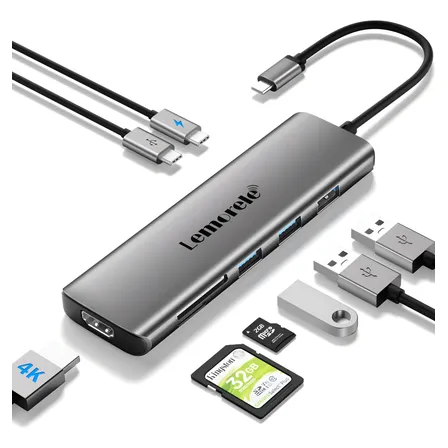 Lemoreletc38l Hub Adapter Usb-c 3.0 8 In1, Hdmi 4k, Tf/sd Cinza
