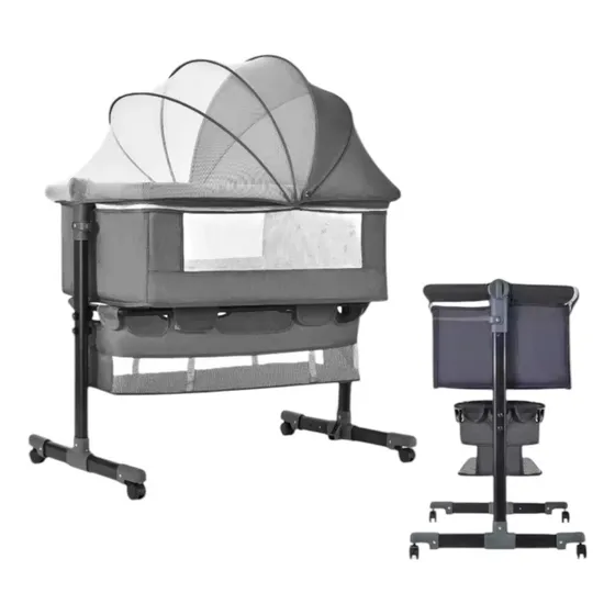 Berço Portátil Regulável Altura Co-sleeper Cinza Mosquiteiro