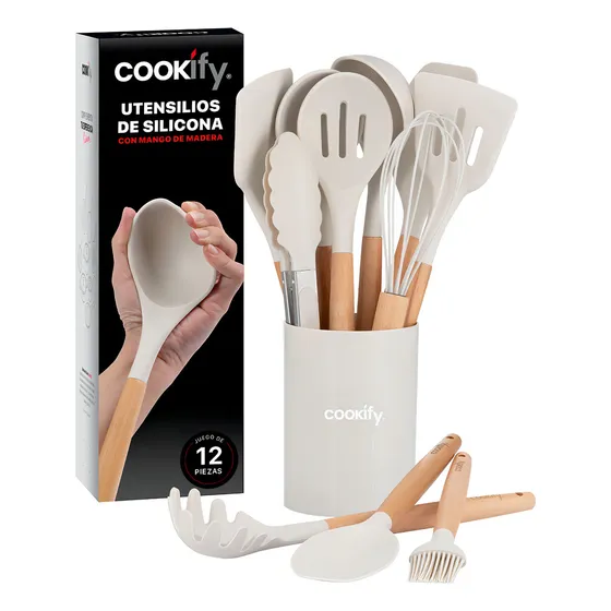 Set 12 Utensilios De Cocina Cookify De Silicona Y Madera: Incluye Base | Perfectos Para Cocinar Hornear y Proteger Tus Sartenes, Color Marfil